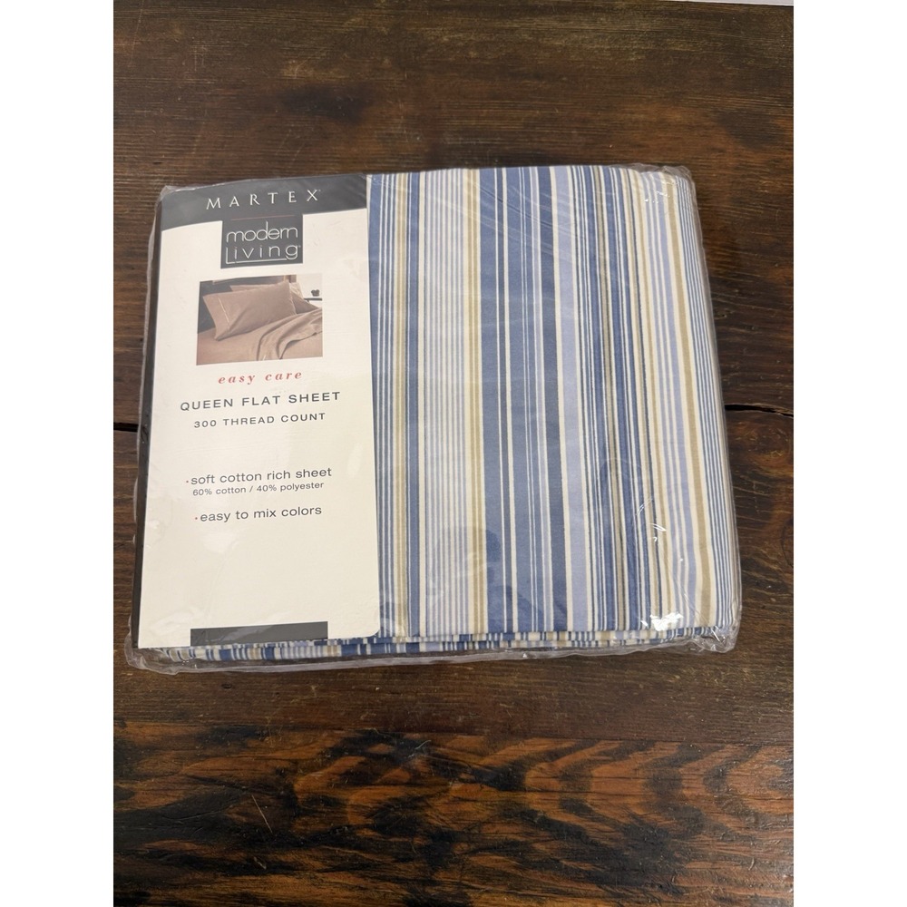 Martex Modern Living Queen Flat Sheet blue‎ Gold  stripes 60/40 Cotton Blend New